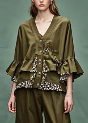 Natural Army Green V Neck Print Outwear Flare Sleeve