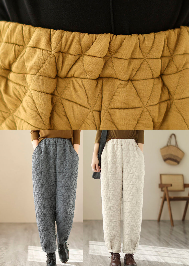 Natural Beige Elastic Waist Fleece Pants Winter