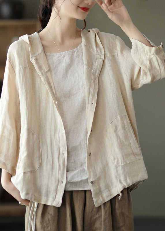 Natural Beige Pockets Patchwork Linen Hoodie Coat Summer