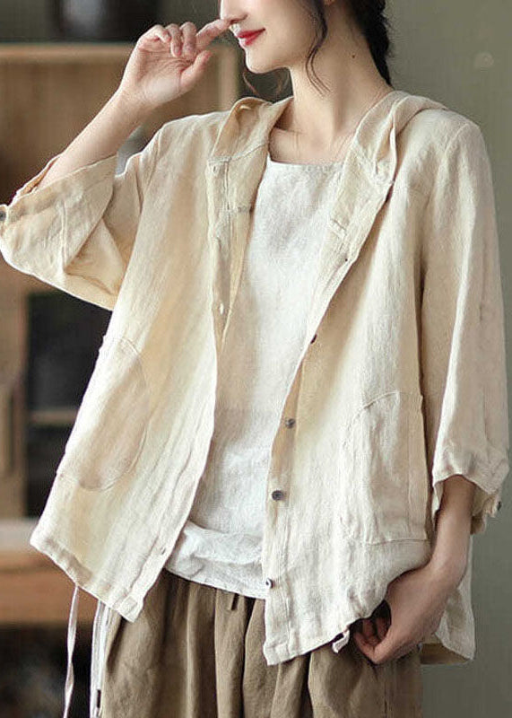 Natural Beige Pockets Patchwork Linen Hoodie Coat Summer