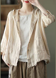 Natural Beige Pockets Patchwork Linen Hoodie Coat Summer