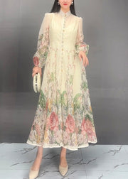 Natural Beige Stand Collar Print Silk Long Dresses Spring