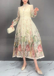 Natural Beige Stand Collar Print Silk Long Dresses Spring