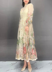 Natural Beige Stand Collar Print Silk Long Dresses Spring