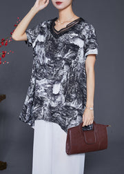 Natural Black Asymmetrical Tie Dye Chiffon Shirt Tops Summer