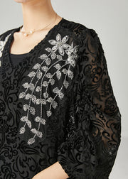 Natural Black Embroidered Jacquard Tulle Shirt Tops Spring