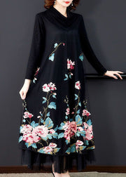 Natural Black Embroideried Patchwork Silk Holiday Dress Spring