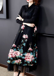 Natural Black Embroideried Patchwork Silk Holiday Dress Spring