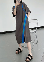 Natural Black O-Neck Asymmetrical Patchwork Cotton Dresses Summer