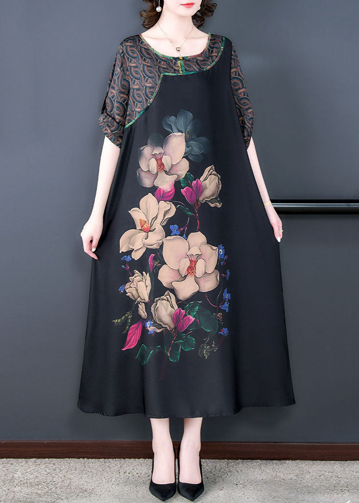 Natural Black O Neck Floral Print Patchwork Silk Long Dresses Summer