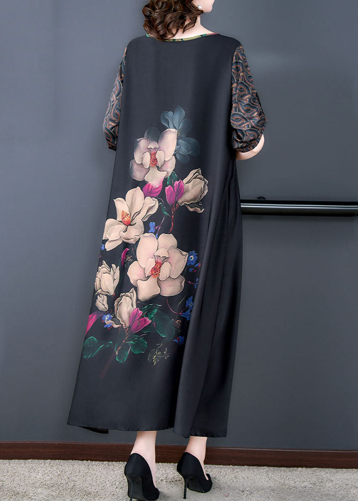 Natural Black O Neck Floral Print Patchwork Silk Long Dresses Summer