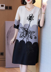 Natural Black O-Neck Print Long Dress Half Sleeve