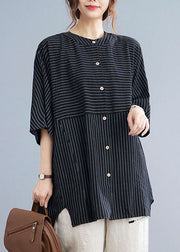 Natural Black O Neck Striped Button Patchwork Cotton Shirt Summer