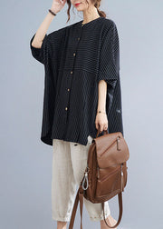 Natural Black O Neck Striped Button Patchwork Cotton Shirt Summer