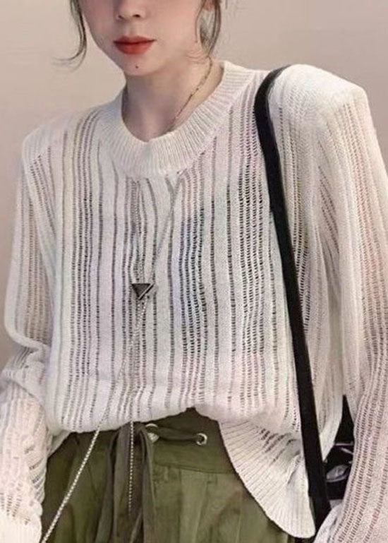 Natural Black O Neck Striped Hollow Out Thin Knit Tops Long Sleeve