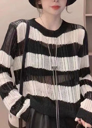 Natural Black O Neck Striped Hollow Out Thin Knit Tops Long Sleeve