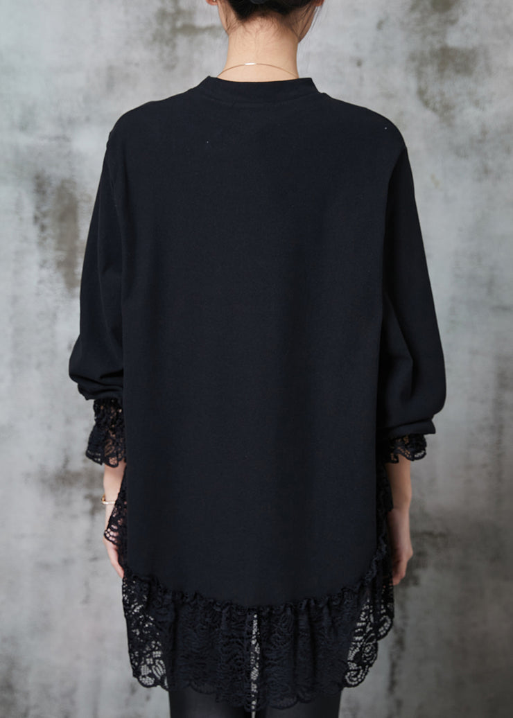 Natural Black Oversized Patchwork Lace Cotton Sweatshirts Top Spring