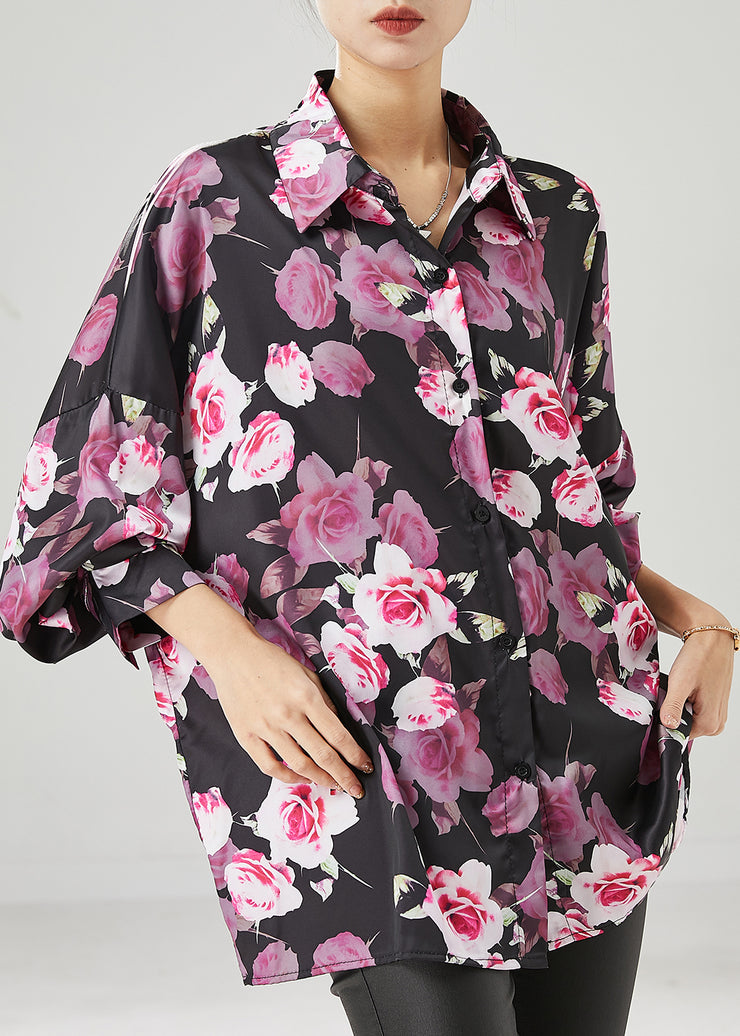 Natural Black Oversized Rose Floral Chiffon Shirt Tops Spring