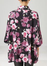 Natural Black Oversized Rose Floral Chiffon Shirt Tops Spring