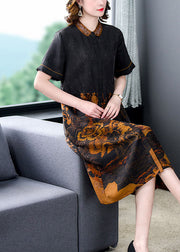 Natural Black Peter Pan Collar Print Pockets Patchwork Silk Dresses Summer