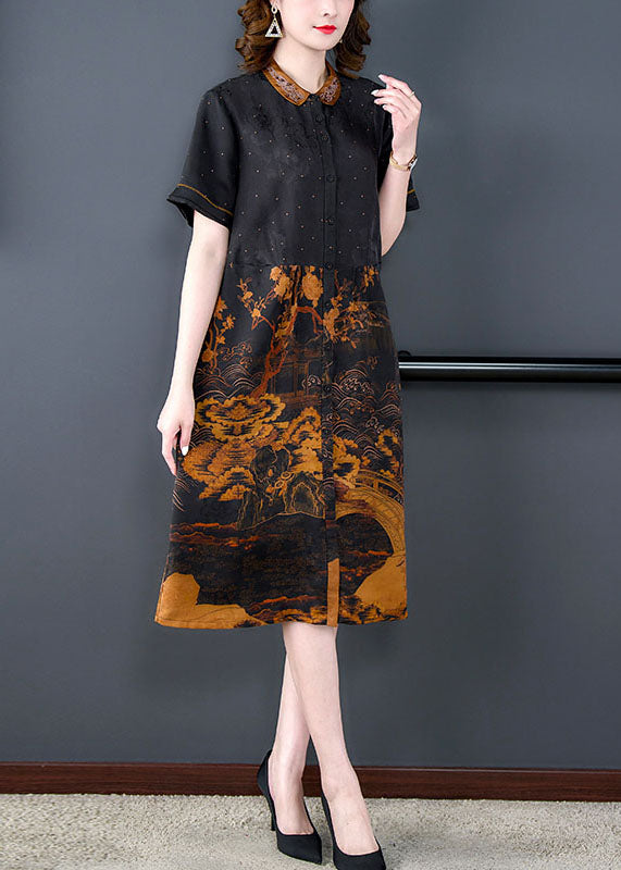 Natural Black Peter Pan Collar Print Pockets Patchwork Silk Dresses Summer