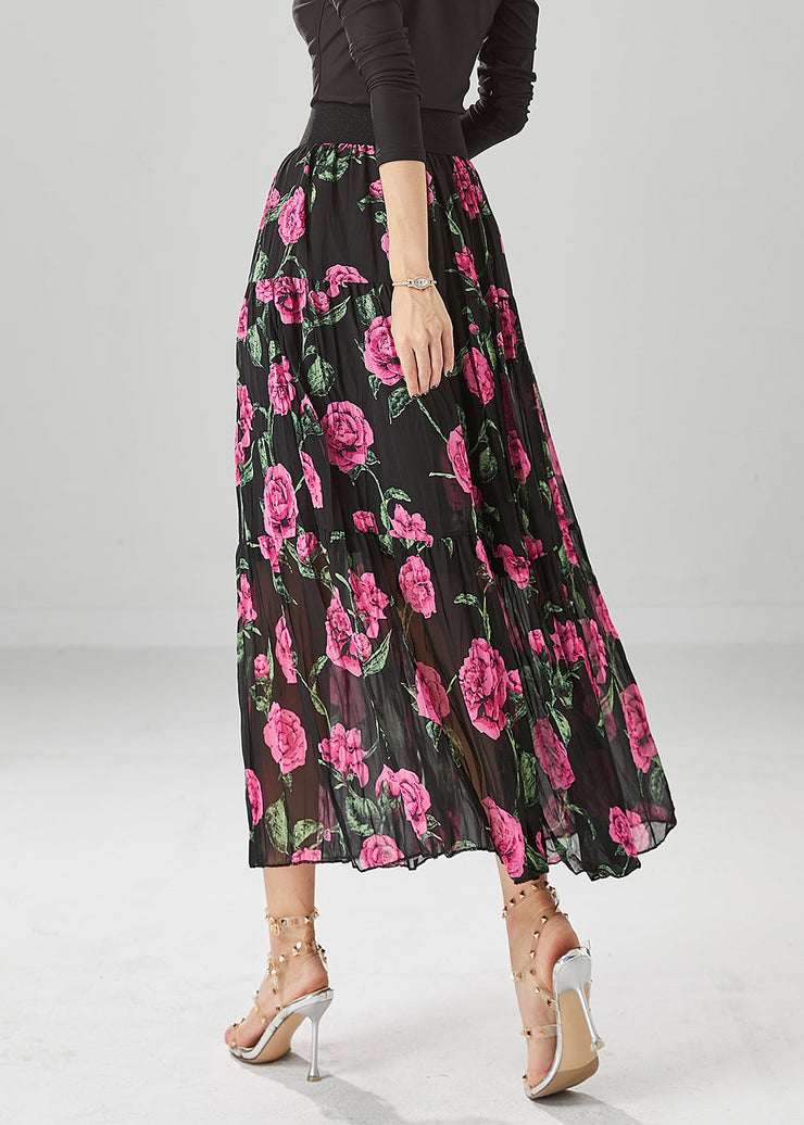 Natural Black Print Exra Large Hem Chiffon Pleated Skirts Fall