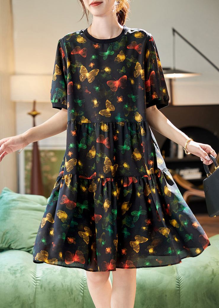 Natural Black Print Patchwork Chiffon Long Dresses Summer