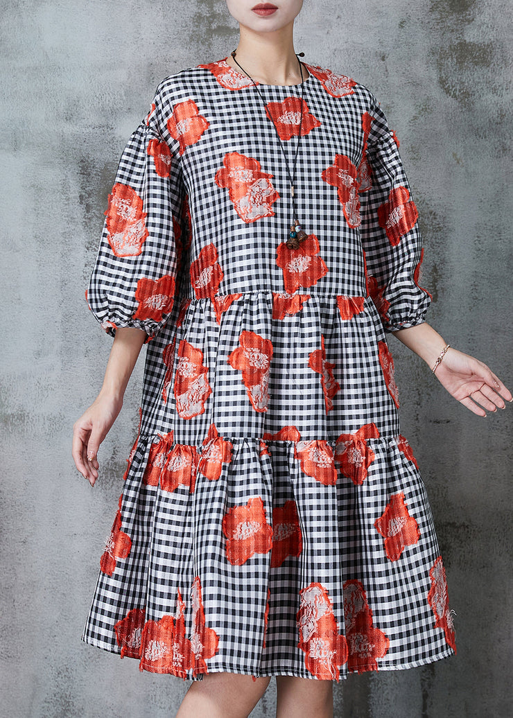 Natural Black Puff Sleeve Plaid Cotton Floral Dresses