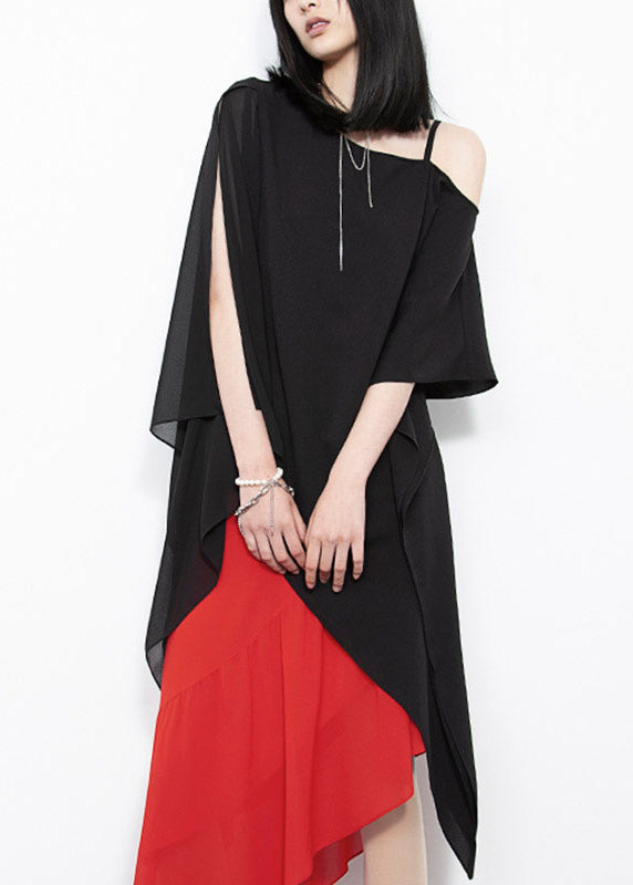 Natural Black Slash Neck Asymmetrical Chiffon Top Summer