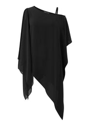 Natural Black Slash Neck Asymmetrical Chiffon Top Summer