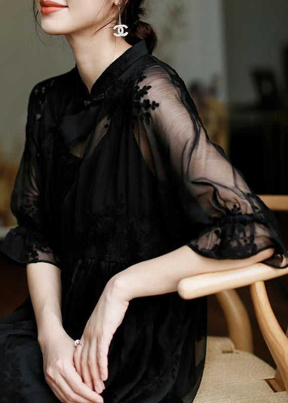 Natural Black Stand Collar Embroideried Floral Button Tulle Long Dress Half Sleeve