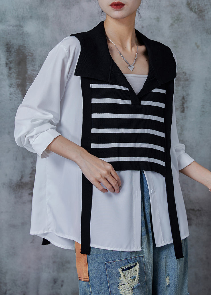 Natural Black Striped Patchwork Cotton Fake Two Piece Shirts Spring