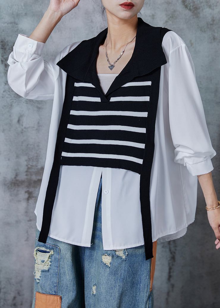 Natural Black Striped Patchwork Cotton Fake Two Piece Shirts Spring