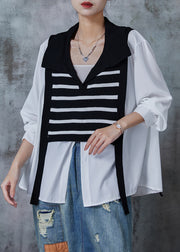 Natural Black Striped Patchwork Cotton Fake Two Piece Shirts Spring