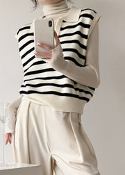 Natural Black Striped Peter Pan Collar Knit Waistcoat Sleeveless