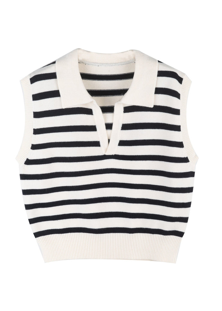 Natural Black Striped Peter Pan Collar Knit Waistcoat Sleeveless