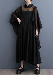 Natural Black Turtleneck Asymmetrical Tulle Holiday Long Dress Spring