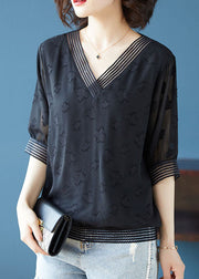 Natural Black V Neck Jacquard Patchwork Chiffon T Shirt Top Summer