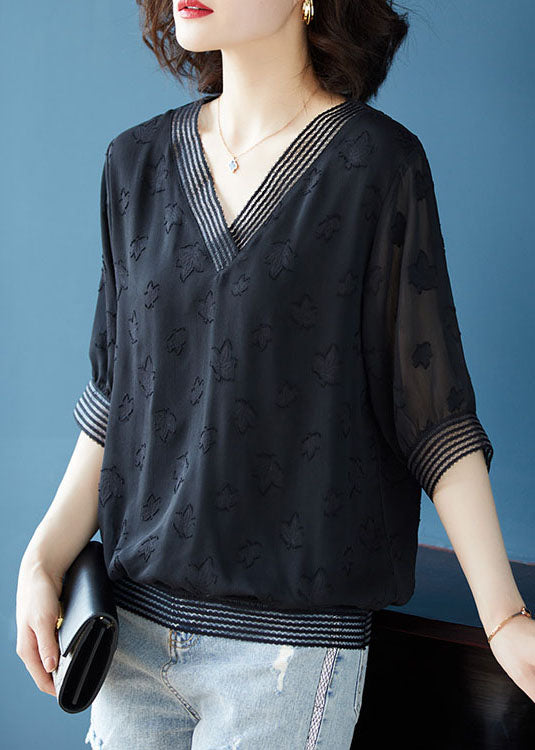 Natural Black V Neck Jacquard Patchwork Chiffon T Shirt Top Summer