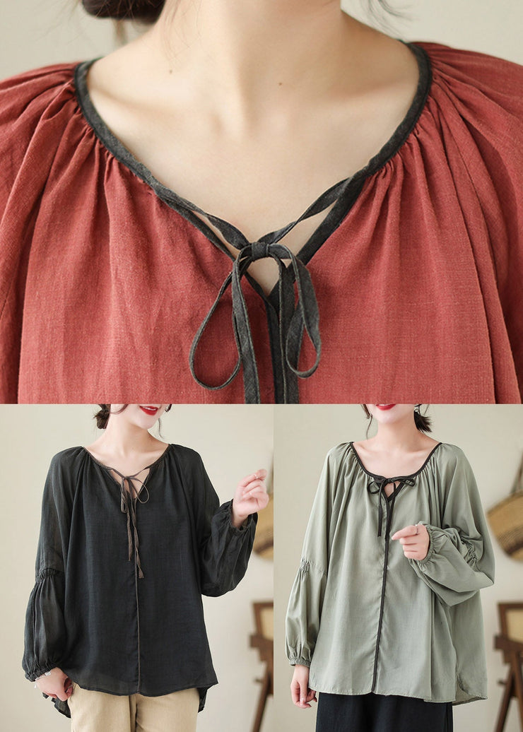 Natural Black V Neck Patchwork Ramie Shirt Spring