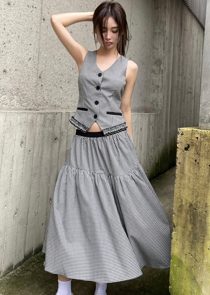 Natural Black White Plaid V Neck Patchwork Waistcoat And Maxi Skirts Two Pieces Set Summer