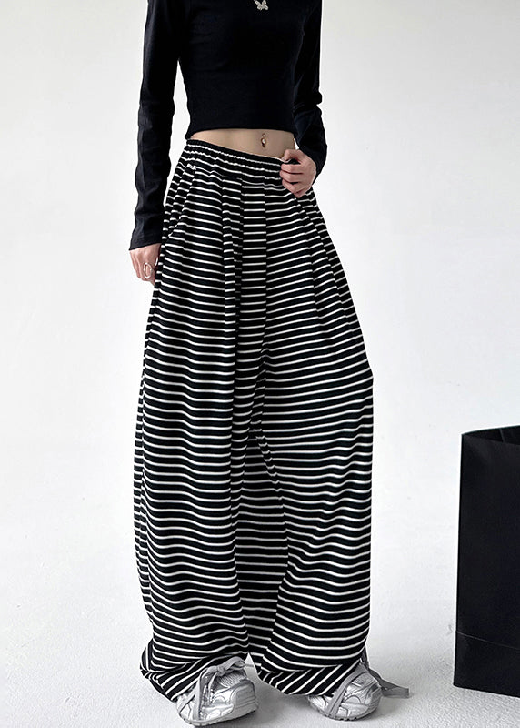 Natural Black White Striped Pockets Elastic Waist Wide Leg Pants Spring