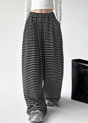 Natural Black White Striped Pockets Elastic Waist Wide Leg Pants Spring