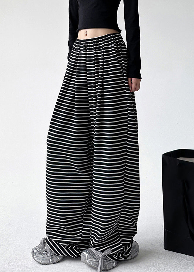 Natural Black White Striped Pockets Elastic Waist Wide Leg Pants Spring