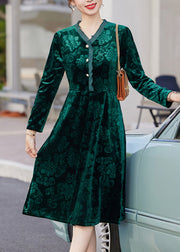 Natural Blackish Green Print Patchwork Button Silk Velour Maxi Dress Fall