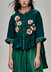 Natural Blackish Green Stand Collar Ruffled Floral Tops Summer