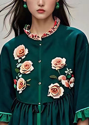 Natural Blackish Green Stand Collar Ruffled Floral Tops Summer
