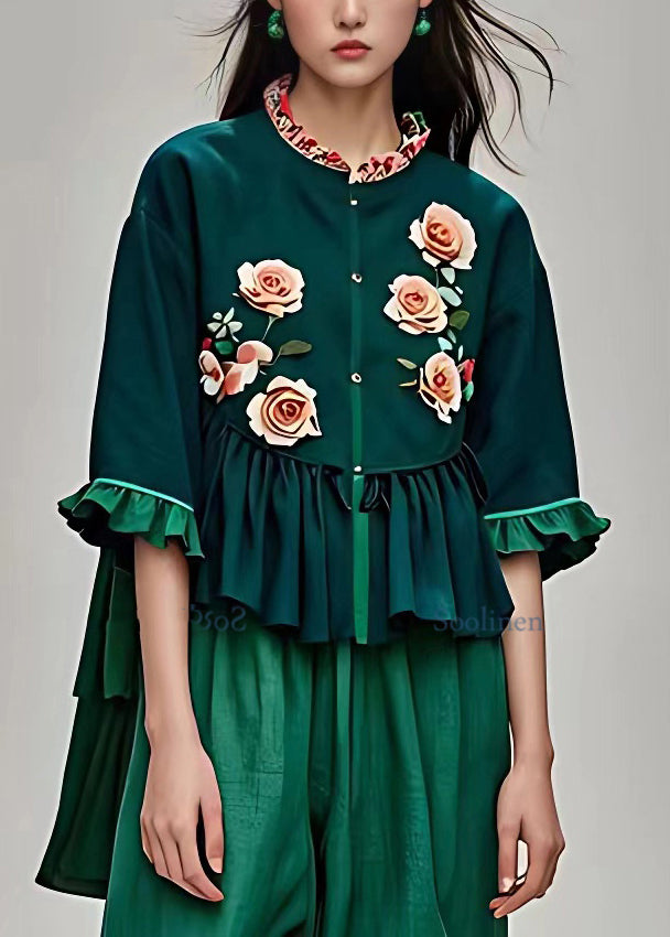 Natural Blackish Green Stand Collar Ruffled Floral Tops Summer