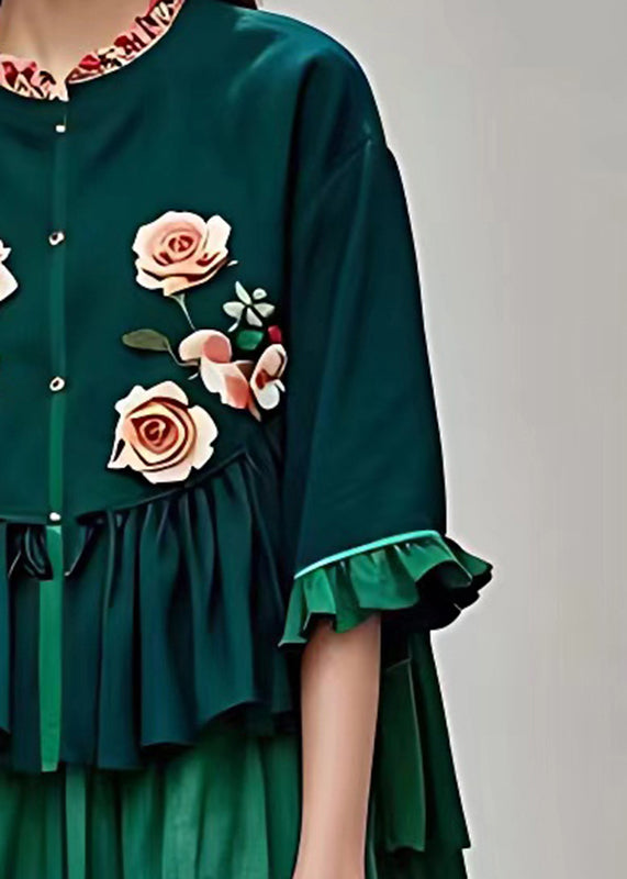 Natural Blackish Green Stand Collar Ruffled Floral Tops Summer