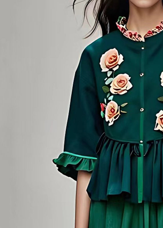 Natural Blackish Green Stand Collar Ruffled Floral Tops Summer